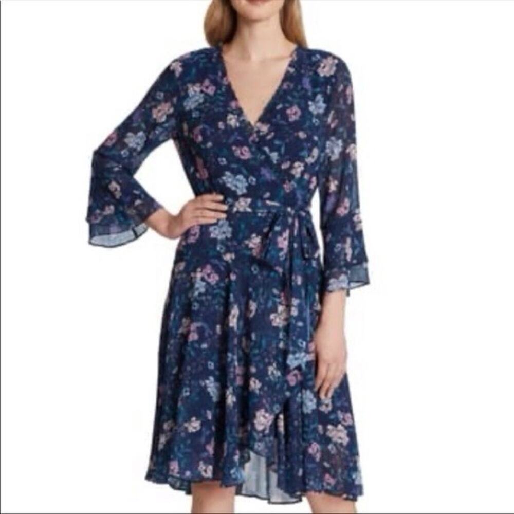 Tahari Arthur S Levine Floral Faux Wrap Dress Women's 12 Ruffle Sleeve Blue Pink